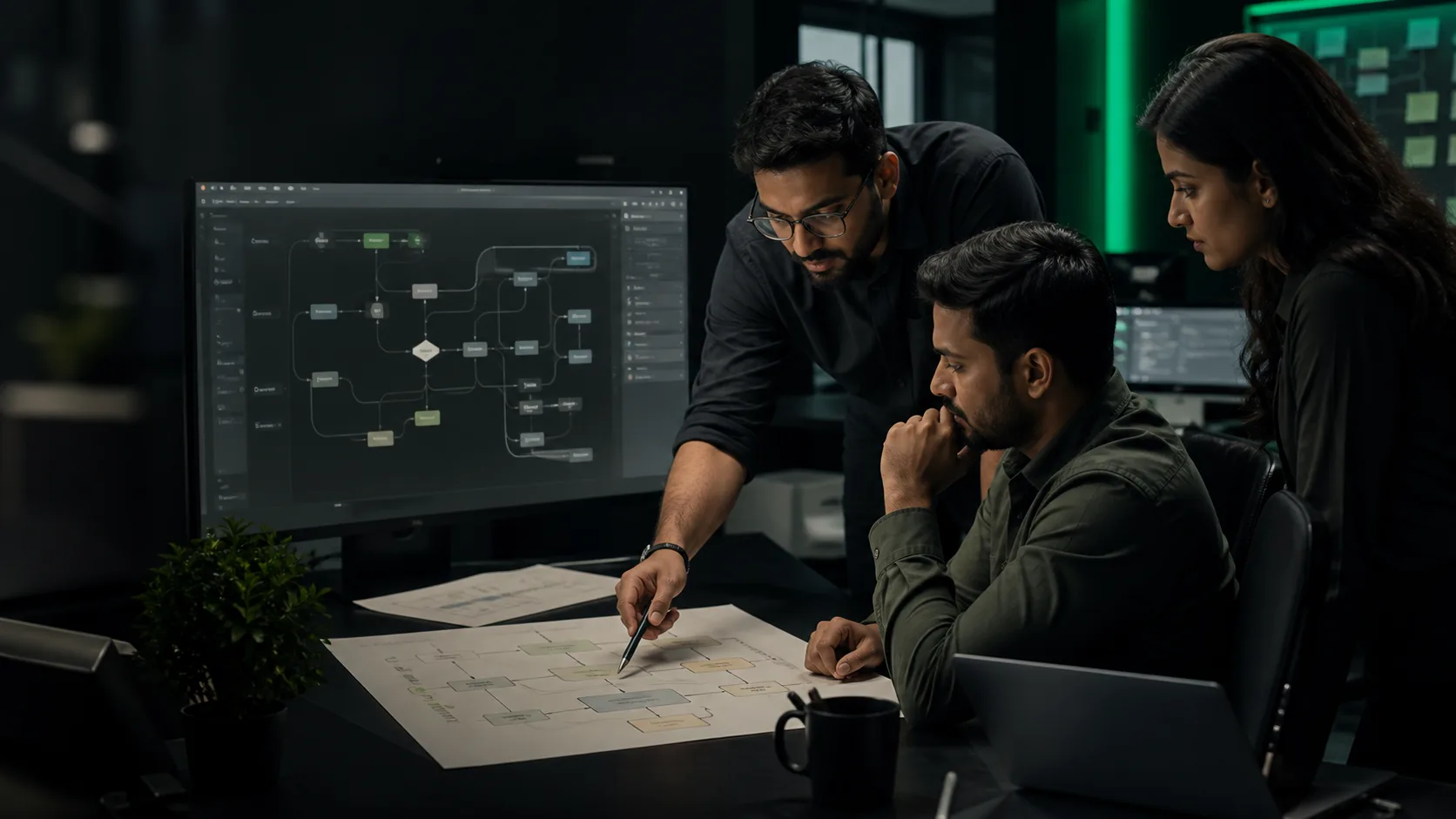 Software engineers mapping a custom operational workflow together