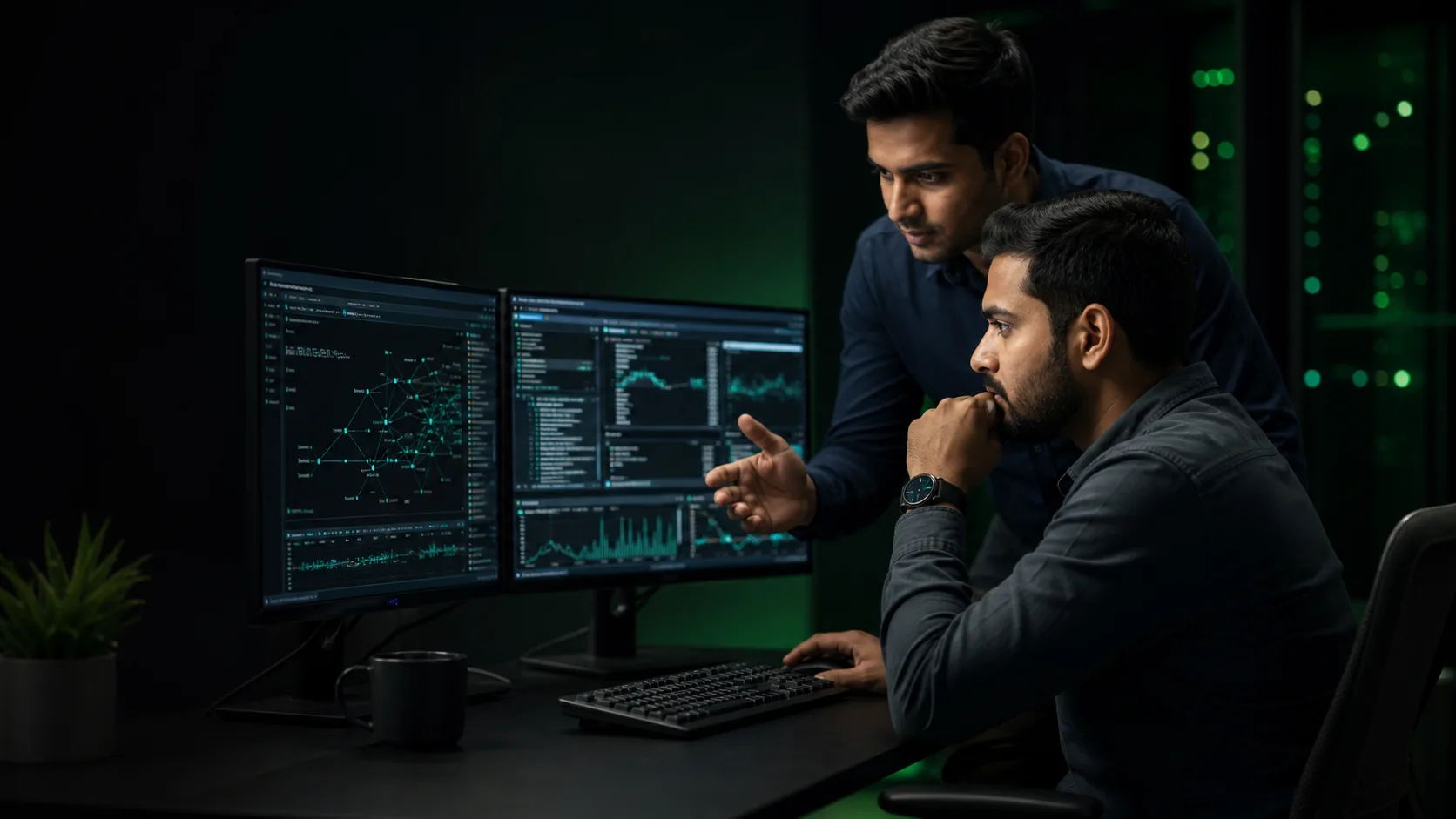 Cybersecurity engineers reviewing network and application security findings