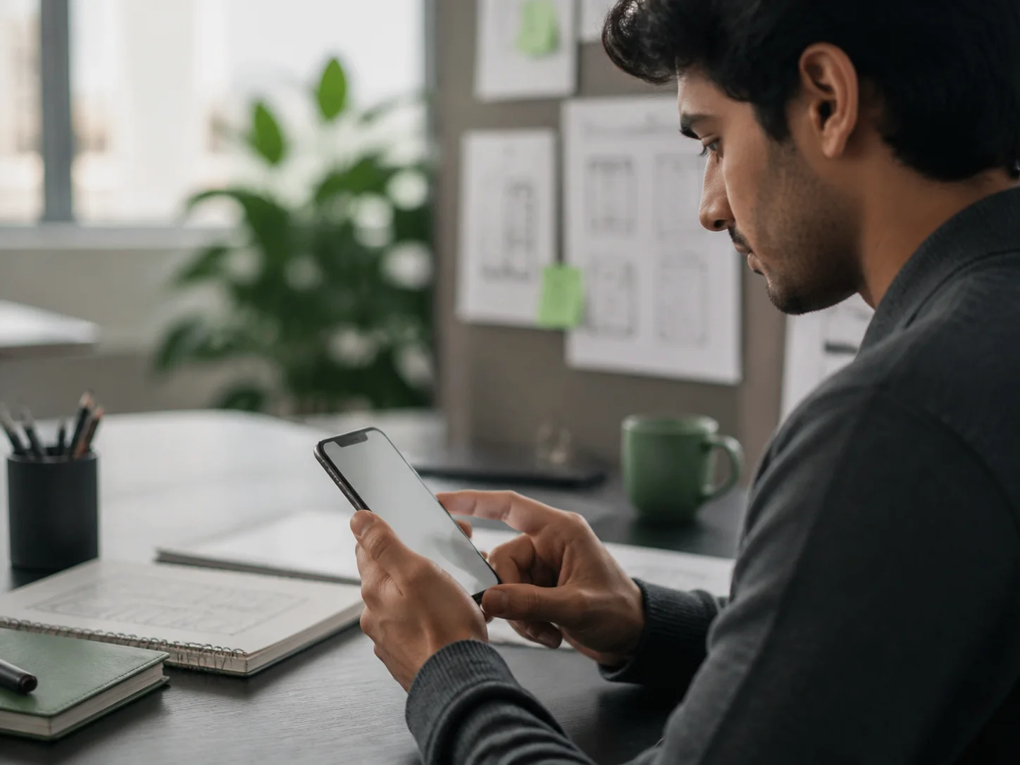 Product designer testing an application on a mobile phone