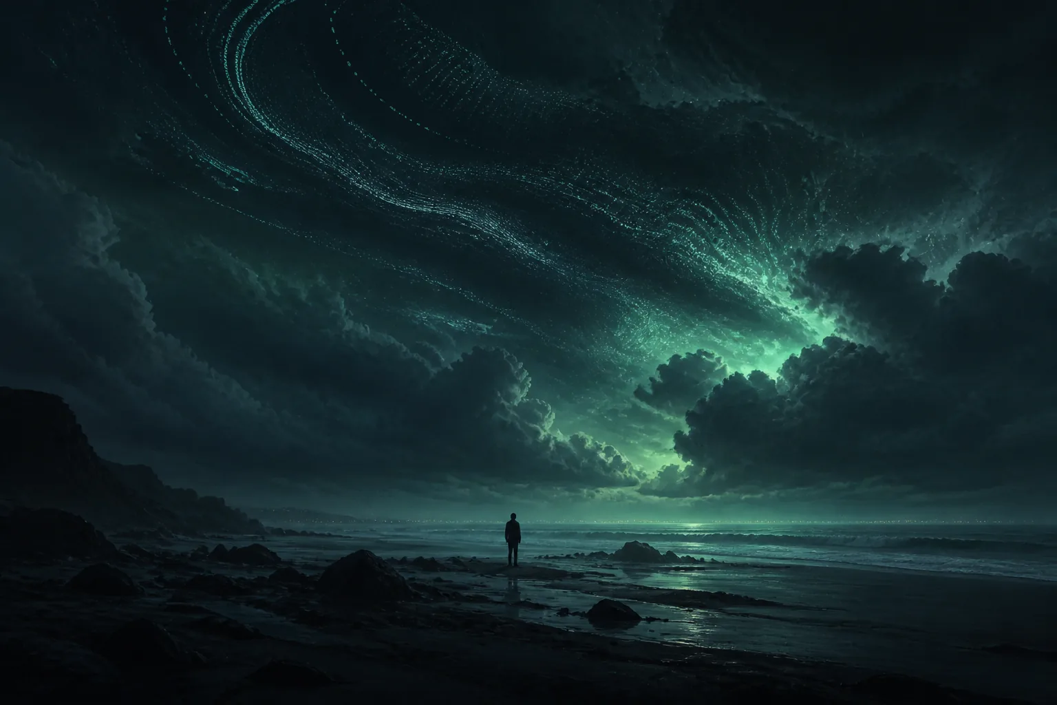 A lone figure facing a vast night sky shaped by emerald data currents